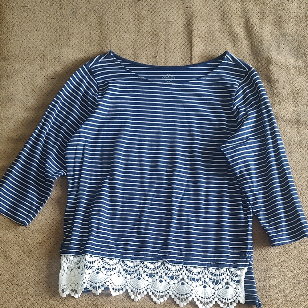 St. John's Bay Navy Striped Blouse with Lace Trim
